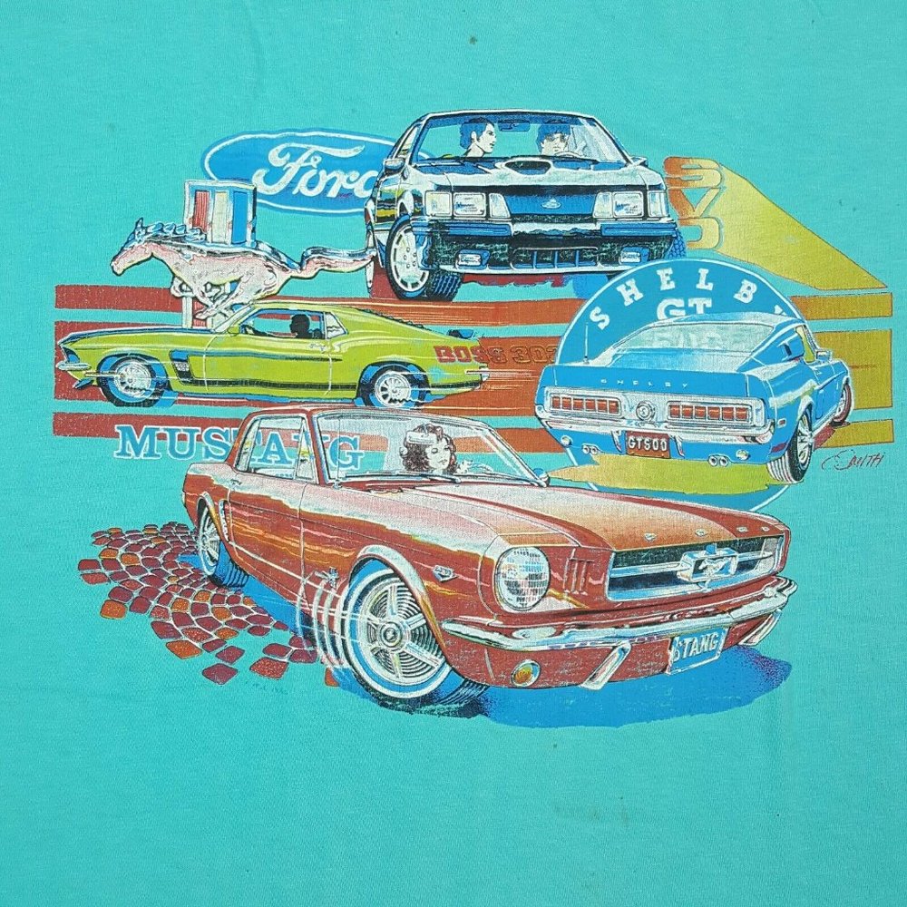 Vtg 80s Ford Muscle Cars T-Shirt XL Blue Mustang